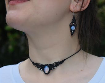 Macramé Jewelry Set with Opalite | Elegant Boho Necklace and Earrings | Hypoallergenic, Nickel-Free Stainless Steel | Handmade Jewelry