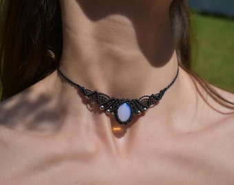 "Angel's Breath" Macramé Choker with Opalite and Silver-Plated Steel | Inspired Necklace | Gift from Greece | Boho Choker
