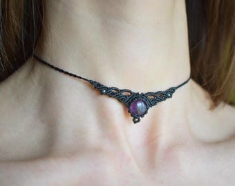Macrame Necklace with Amethyst and Stainless Steel "terraluce" - Handcrafted Boho Chic Choker - Spiritual Jewelry with Natural Stones