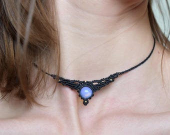 Black Macramé Necklace with Opal and Gold-tone Details – Handmade Elegant Jewelry, terraluce model choker
