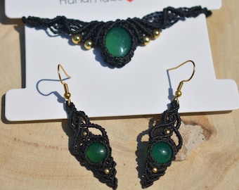 Angel's Breath Macramé Jewelry Set with Green Agate, Boho Chic Necklace and Earrings, Nickel-Free Gold-Plated Stainless Steel, Handmade