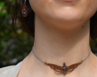 Labradorite Macramé Necklace and Earrings Set | Handcrafted Waxed Thread Jewelry | Stainless Steel Chain and Earwires | Elegant Boho Choker