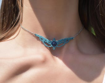 Girocollo Macramé Phoenix con lapislazzuli - Choker turchese e argento - Collana Ali di Fenice in Pietra Naturale - Gioiello boho