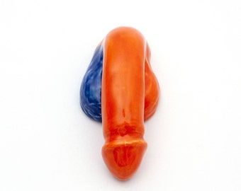 Porzellan Penis „Decorative Sex“ handgefertigt, blau und orange glasiert