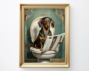 Dackel Tier auf Toilette liest Zeitung | Badezimmer Bilder | Badezimmer Poster | Toilette Bild | Toilette Poster | Toilette Deko | 272