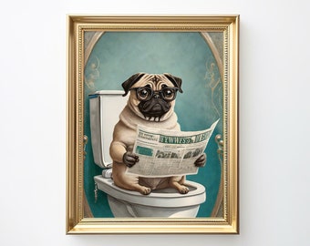 Pug animal on toilet reading newspaper | Bathroom Pictures | Bathroom Poster | Toilet picture | Toilet Poster | Toilet decoration | 270