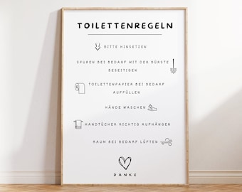 May include: A white poster with black text and illustrations outlining toilet etiquette. The poster reads "Toilettenregeln" at the top and includes instructions such as "Bitte Hinsetzen", "Spuren bei Bedarf mit der Bürste beseitigen", "Toilettenpapier bei Bedarf auffüllen", "Hände waschen", "Handtücher richtig aufhängen", "Raum bei Bedarf lüften", and "Danke".
