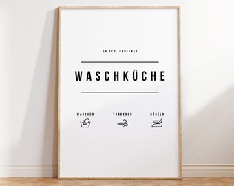 Póster de la lavandería Símbolos de lavado Instrucciones Tutorial Lavandería Instrucciones de lavado Instrucciones de cuidado Lavandería alemana Cuarto de baño Lavandería 261