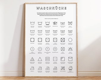 Póster de lavandería Póster Símbolos de lavado Instrucciones Tutorial Lavandería Instrucciones de lavado Instrucciones de cuidado Lavandería alemana Cuarto de baño Lavandería 100
