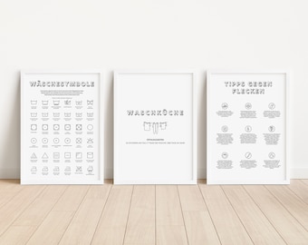 Pósters para el lavadero en juego de 3 | Póster de lavandería con explicación de los símbolos de lavandería | Foto del cuarto de lavado | descarga digital | Regalo 197