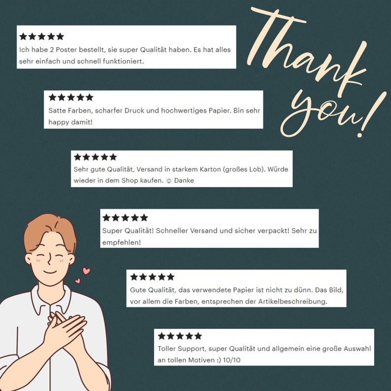 May include: Five-star reviews for a product with the text "Thank you!" in a handwritten font. The reviews are in German and highlight the product's quality, shipping speed, and customer service.