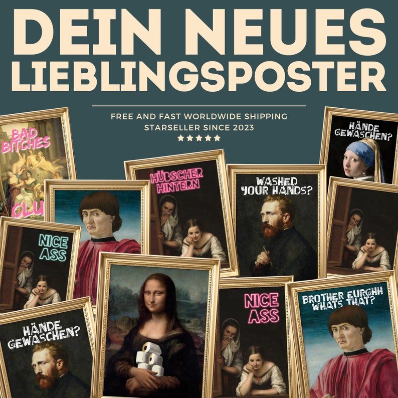 May include: A collection of 10 framed art prints featuring famous paintings with humorous text overlays. The prints include a painting of the Mona Lisa holding toilet paper, a painting of a man with a beard and the text "Washed Your Hands?" and a painting of a woman with a pearl earring and the text "H&auml;nde Gewaschen?"