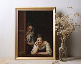 May include: A framed oil painting depicting two women, one peering out a window and the other looking at the viewer. The woman in the window is wearing a white scarf and a dark dress. The woman in the foreground is wearing a white blouse and a dark dress. The painting is set against a dark background.