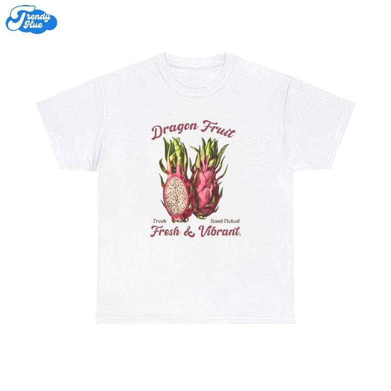 May include: White t-shirt with a dragon fruit graphic and the words "Dragon Fruit" above the image. The text "Fresh & Vibrant" is below the fruit illustration.