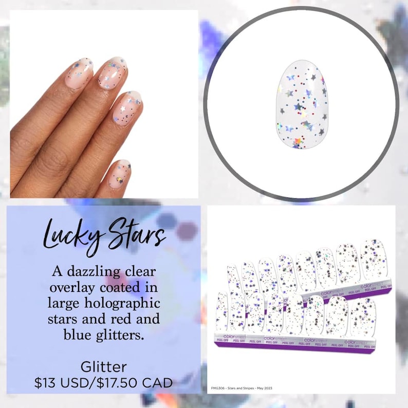 Op de afbeelding: Een set nagellakstrips met het label Lucky Stars, voorzien van een transparante basis met holografische stervormige uitsparingen en kleine rode en blauwe glitterdeeltjes, inclusief meerdere strips op kaartjes en een voorbeeld van een nagel.