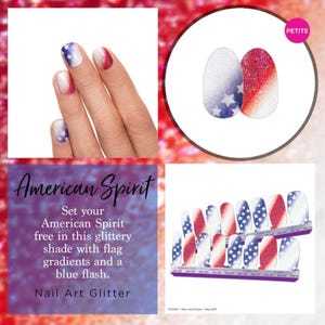 Op de afbeelding: Een set zelfklevende nagellakstrips met een glitterend verloop in rood, wit en blauw met witte sterpatronen. Het product is gelabeld als American Spirit en bevat meerdere maten voor toepassing op de vingernagels.
