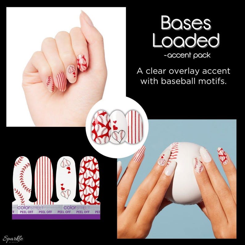 Op de afbeelding: Bases Loaded accent pack nagellakstrips met transparante overlays, rode honkbalstiksels, verticale strepen en hartvormige honkbalmotieven. De set bevat zelfklevende nagelstrips met diverse patronen voor toepassing op de vingernagels.