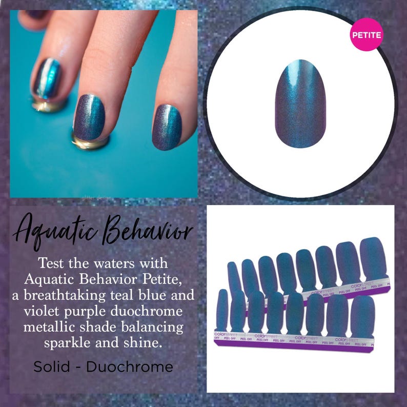 Op de afbeelding: Nagellakstrips met een duochrome metallic afwerking in blauwgroen en violetpaars. De set bevat strips van verschillende groottes met het label Petite, voorzien van een effen kleur met een subtiele glans. De tekst op de afbeelding luidt Aquatic Behavior.