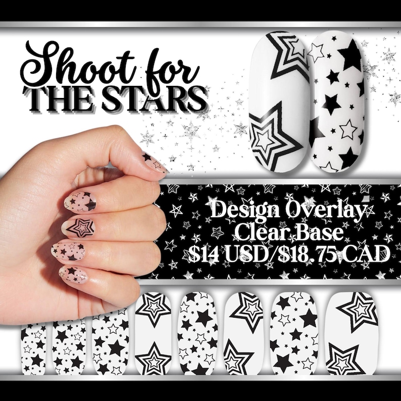 Op de afbeelding: Nagelstickers met een zwart sterrenpatroon op een transparante basis. De tekst luidt Shoot for the Stars en Design Overlay Clear Base. De set bevat diverse maten nagelstickers met zowel ingekleurde als omlijnde sterren in verschillende groottes.