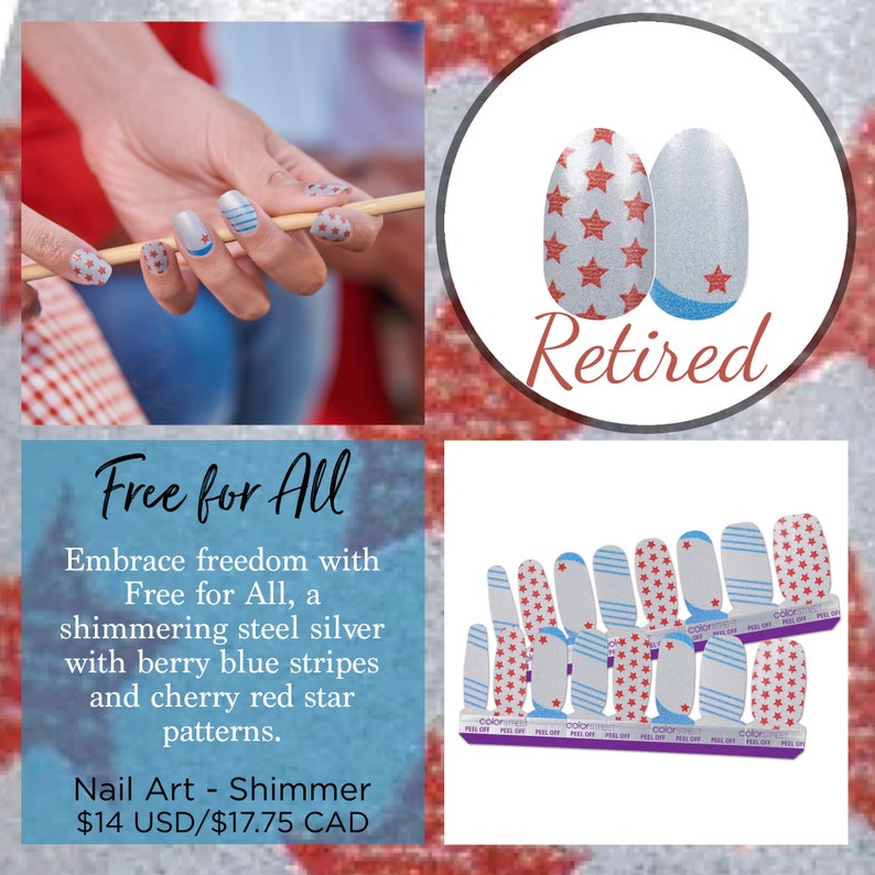 Op de afbeelding: Een set zelfklevende nagellakstrips met een glinsterende staalzilveren basis, kersenrode sterpatronen en bessenblauwe strepen. Het product is gelabeld als Free for All en bevat meerdere maten strips voor het aanbrengen op de vingernagels.