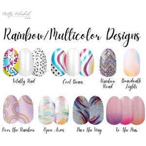 Peut inclure: Une collection de motifs d'art d'ongles avec le texte "Rainbow/Multicolor Designs". Les motifs incluent "Totally Rad", "Cool Beans", "Rainbow Road", "Boardwalk Lights", "Over the Rainbow", "Open Arms", "Pave the Way" et "To the Max". Chaque motif a un motif et une palette de couleurs uniques.