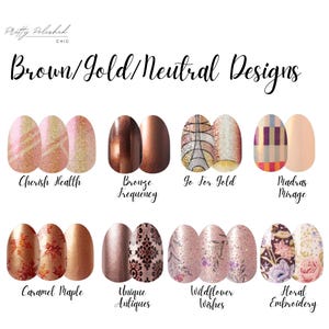 May include: A collection of nail polish strips featuring brown, gold, and neutral designs. The image displays eight sets of nail wraps labeled Cherish Health, Bronze Frequency, Go For Gold, Madras Mirage, Caramel Maple, Unique Antiques, Wildflower Wishes, and Floral Embroidery.