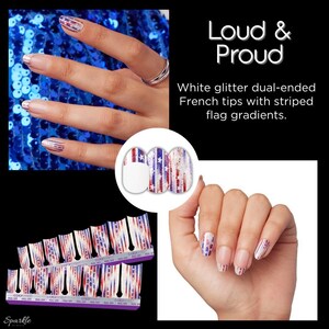 Op de afbeelding: Nagellakstrips met een rood, wit en blauw gestreept vlagpatroon met glitteraccenten. De set bevat dubbelzijdige French tips en volledige ontwerpen. De tekst op de afbeelding luidt: Loud & Proud, White glitter dual-ended French tips with striped flag gradients.