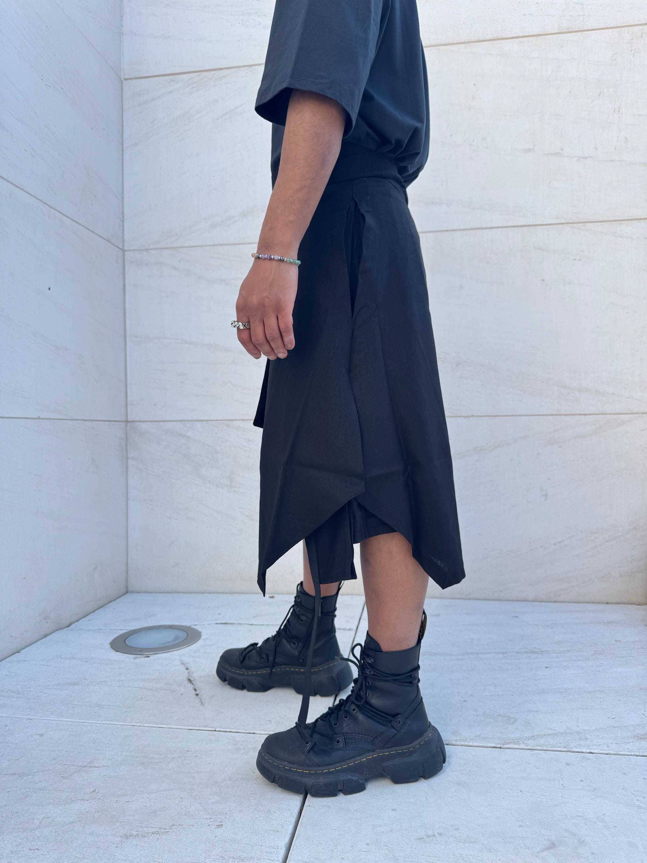 Avant Garde Black Wrap Skirt Linen Viscose | Unisex Minimalist