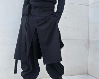 Avant Garde Black Unisex Wrap Skirt | Japanese Style Asymmetrical Minimalist Overskirt