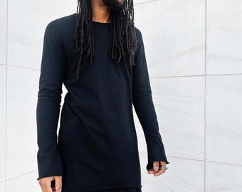 Avant Garde Long T-Shirt | Black Organic Cotton | Asymmetrical Tunic with Long Flared Sleeves | Minimal Dark Style