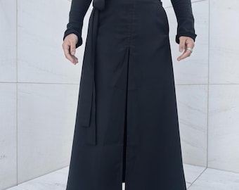 Avant Garde Black Unisex Long Wrap Skirt | Japanese Styke Asymmetrical Minimalist Overskirt