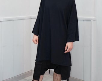 Avant Garde Oversized T-Shirt | Black Organic Cotton | Long Asymmetrical Unisex Tunic | Minimal Dark Style