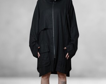 Avant-garde Oversized Black Jacket Linen Viscose High Neck Metal 