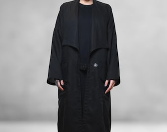 Avantgardistischer, übergroßer Kimono-Trenchcoat, Schwarz, Unisex, Leinen, Viskose, Modern, Minimalistisch