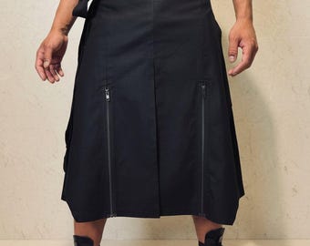 Gonna Avvolgente Avant Garde Nera Lino e Cotone Bio Unisex | Sovragonna Asimmetrica Stile Giapponese Cerniere Metalliche Minimalista Dark