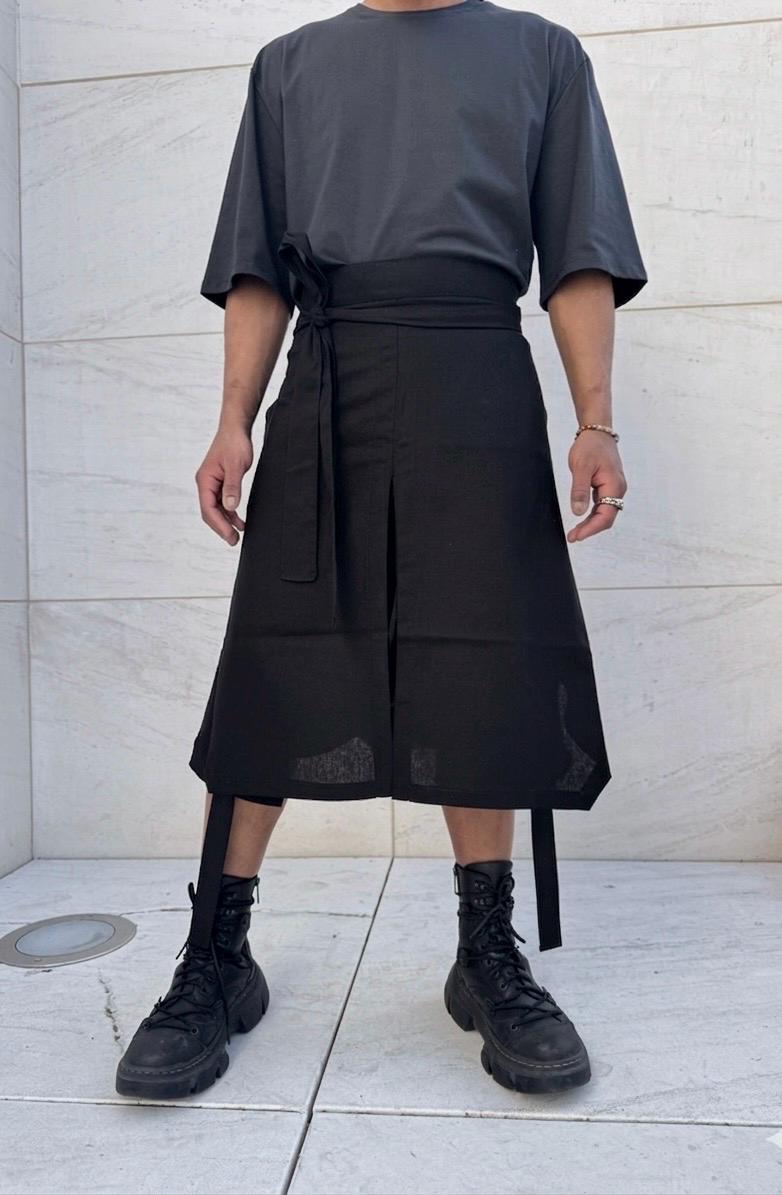 Avant Garde Black Wrap Skirt Linen Viscose | Unisex Minimalist