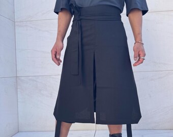 Avant Garde Black Wrap Skirt Linen Viscose | Unisex Minimalist
