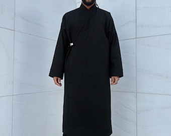 Avant Garde Kimono Coat with Magnetic Buckle | Black Water-Repellent Fabric | Long Techwear Jacket Unisex Japanese Style