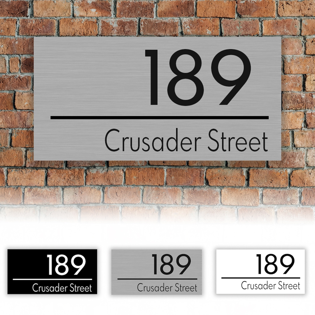 Custom House Number & Street Name Plaque - Brushed Aluminium Address ...