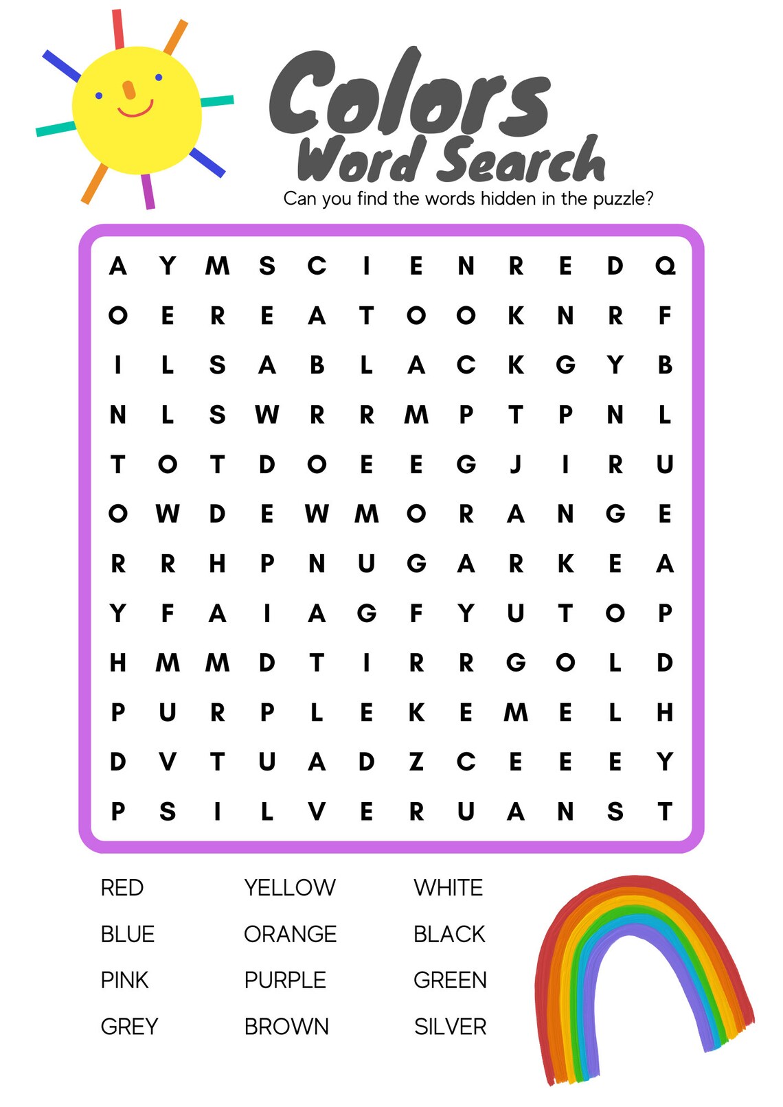 Word Search Kids Activities Learning Activities Worksheets Colour 