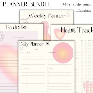 Peut inclure: Un ensemble de quatre modèles de planificateur imprimables au format A4. Les modèles comprennent un planificateur hebdomadaire, un planificateur quotidien, une liste de tâches et un suivi des habitudes. Les designs présentent un dégradé rose et orange avec des cœurs et des étoiles.