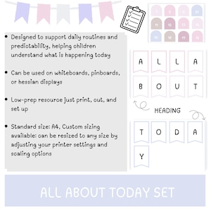 Peut inclure: Un ensemble imprimable "All About Today" avec des bannières en forme de fanions aux couleurs pastel, un graphique de presse-papiers et un calendrier. L'ensemble comprend des bannières lettrées épelant "ALL ABOUT TODAY".