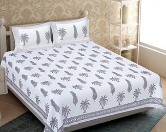 Drap-housse en coton imprimé à la main, linge de lit indien imprimé au bloc, couvre-lit palmier, drap en coton fait main, décoration de chambre bohème, taille King/Queen