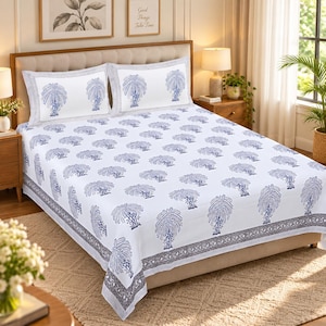 Hand Block Print Cotton Bedsheet, Blue White Indian Bedding, King Size Bed Sheet, Boho Bedding, Jaipur Block Print Bedspread