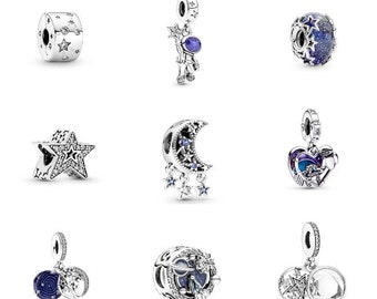 S925 Sterling Zilver Galaxy Blue Star Astronaut Maan Pandora Charm Hanger Hart Geboortesteen Fit Pandora Snake Chain Charm Europese armband