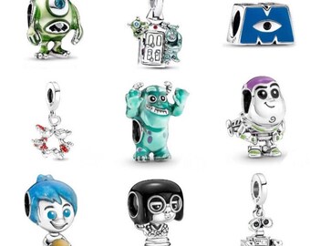 S925 Sterling Silver Pandora Charm Pendant, Disney Series Charm, Sulley, Mike Wazowski, Monster, Wall-e Charm Pandora Snake Chain Bracelet