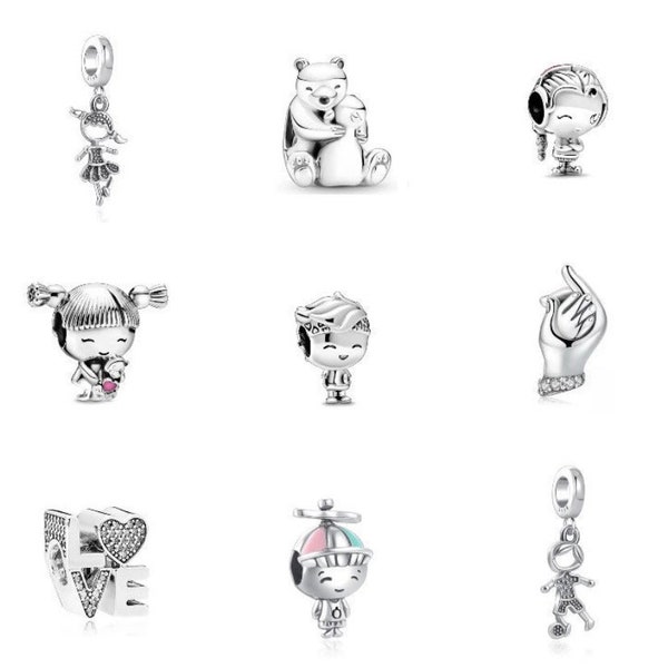 S925 Sterling Silver Girl, Boy, Football, Bear, Kid Pandora Charm Pendant, Heart Birthstone, Fit Pandora Snake Chain Charm European Bracelet