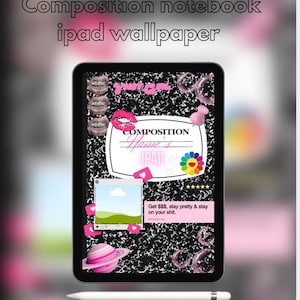 May include: Black iPad wallpaper with a composition notebook design. The design includes pink lips, a flower, and the text "Your Girl". The text "Get $$$, stay pretty & stay on your shit" is also included.