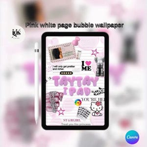 May include: A black iPad displaying a pink and white bubble wallpaper with various graphics, including stars, a KAWS figure, and the text "TAYTAY IPAD". A white stylus is positioned to the left of the iPad. The text "STARGIRL" and "Treat you like princess" are also visible.