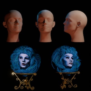 May include: A blue glass orb with a woman's face inside, surrounded by blue and green swirls. The orb is on a gold metal stand with a decorative design.